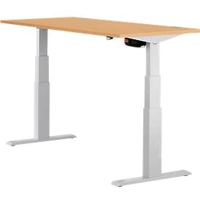 Schäfer Shop Select ERGO-T bureau, elektrisch in hoogte verstelbaar, rechthoekig, T-poot, B 1200 x D 800 x H 640-1300 mm, beuken decor/blank aluminium