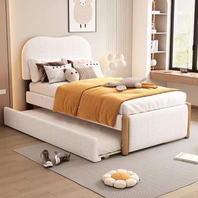 Plat bed van 90x200 cm - gestoffeerd met praktisch uitschuifbaar opklapbed - minimalistisch design - wit