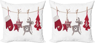 ABAKUHAUS Kerstkussenhoez set van 2, retro elementen op touw, 50x50 cm, crème, rood, beige