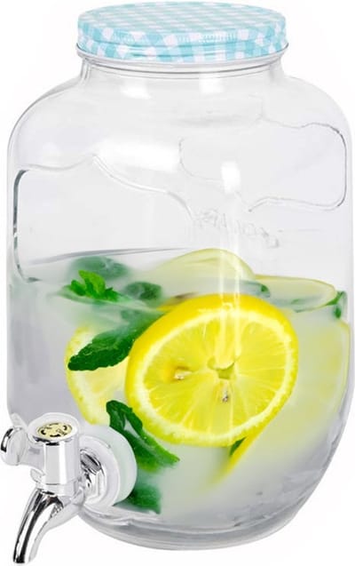 Excellent Houseware Drankdispenser/limonadetap - met tapje - glas - 4 liter - blauw/wit geblokte dop - 15 x 26 cm