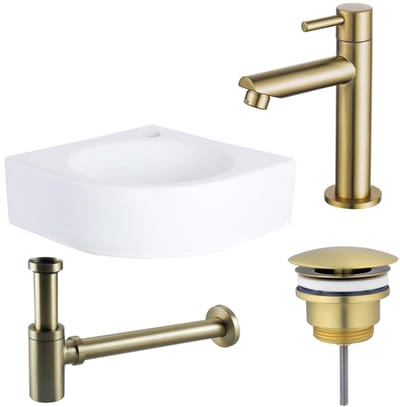 FugaFlow Eccelente Pietra fonteinset - 30x30x10cm - 1 kraangat - hoek - keramiek - fonteinkraan messing geborsteld - glans wit