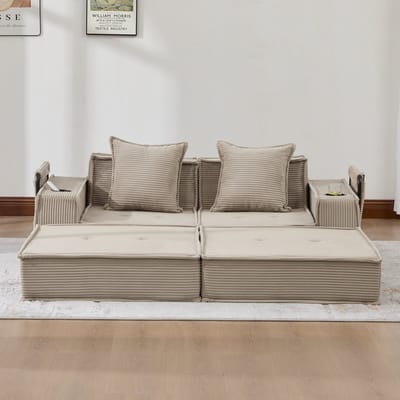 MODFU 2-Zits Bank - Met Zijvakken En Twee Kussens - Scandinavisch - Voor Leeshoek - Ribstof - Khaki - 162 X 78 X 66 Cm