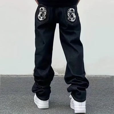 Hip-hop Vliegende Hond Bedrukte Jeans Heren Lente en Herfst Recht Los L black