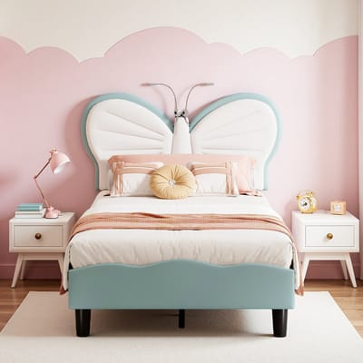 Kinderbed 90x200cm - met vlinderhoofdbord - gestoffeerd bed voor meisjes - met lattenbodem - bedframe voor kinderen - kinderkamer bed - blauw（zonder matras）
