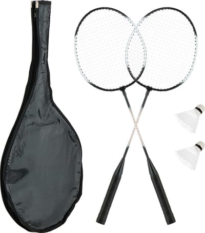 Badminton set 2 rackets 10 shuttles met tas voor kinderen & volwassenen camping tuin zwart-wit