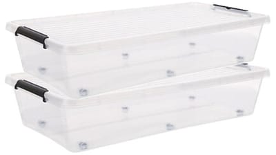5Five opberg kist met deksel - 2x - Clip Box - 35 liter - 76 x 39 x 16 cm - kunststof - transparant - met wielen