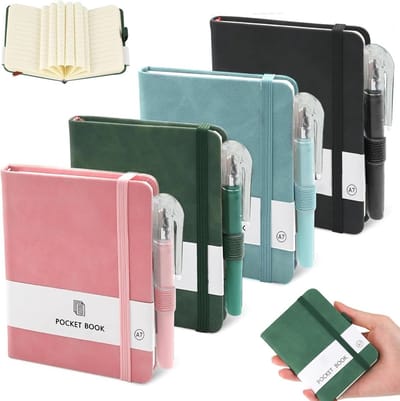 Dailygoods - 4 stuks zaknotitieboek, klein notitieboek met 4 pennen, 11 x 8 cm, notitieboek A7 voor reizen, school, kantoor, buiten (vier kleuren)