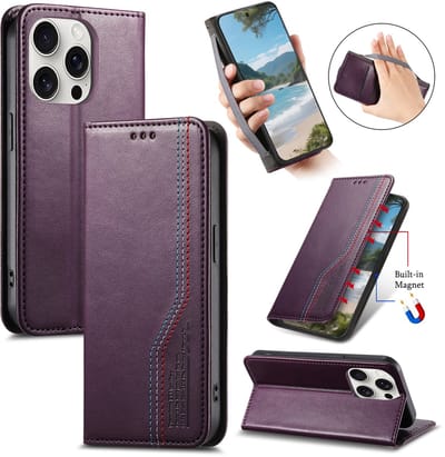 Praktische en Stijlvolle PU Leren Portemonnee Hoes voor iPhone 16 Pro _ Paars
