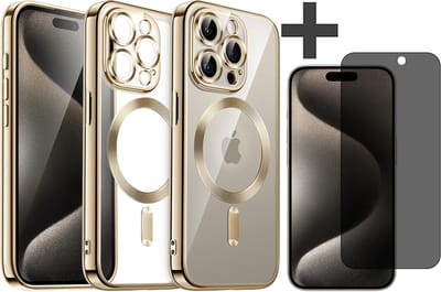 Hoesje met Privacy Screenprotector Geschikt voor iphone 15 Pro Hoesje - Geschikt voor MagSafe - Arara siliconen Backcover - Goud