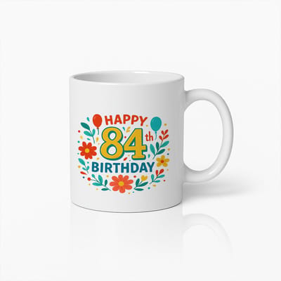Gelukkige 84e Verjaardag Mok 330ml – Kleurrijk Bloemenfeest Cadeau voor Ouderen