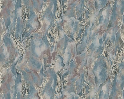 Grafisch behang EDEM 421ST27 vliesbehang hardvinyl warmdruk in reliëf licht gestructureerd in steen look en metalen accenten blauw duifblauw zilver goud 10,65 m2