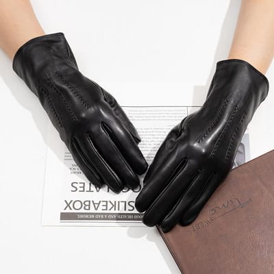 Lange Warme Echt Lederen Handschoenen Schapenvacht Handschoenen voor Dames Touchscreen Modieus en High-End Zwart Herfst en Winter M size/ black