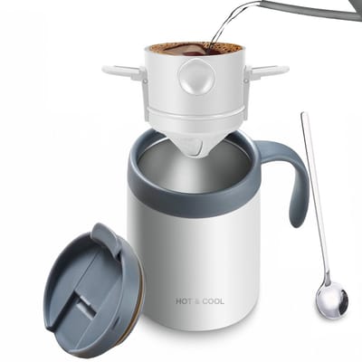 Draagbare Camping Koffiemachine 16oz - Inschenken Set / Koffiekit - Camping Koffiemachine / Reizen Koffie Set / Kamperen Koffiekit - Ideaal voor Outdoor & Vakantie Gebruik-wit