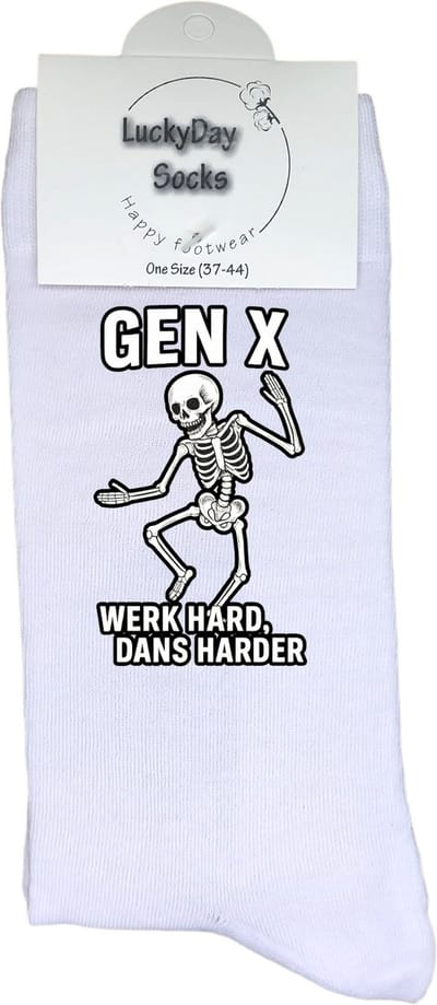 Gen X - Generatie X - Skelet dans - LuckyDay Socks - Skull sokken - Grappige sokken - Sport sokken - Vaderdag - Moederdag - Cadeau sokken - Verjaardag cadeau - Beterschap cadeau - Opkikker - Schoen cadeau - Kerst cadeau - Maat 37-44