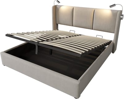 COVREO Bed 140x200 cm beige stof, met opbergruimte, leeslamp en USB