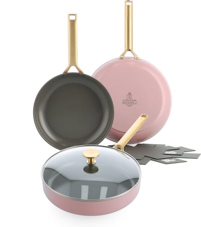 BK Sublime Koekenpannenset 4-delig - 24/28cm - PFAS-vrije antikleeflaag - Pannenset inductie - Keramische pan - Ovenbestendig tot 220°C - Gouden stainless steel handgreep - Met pannenbeschermers - Blush Pink