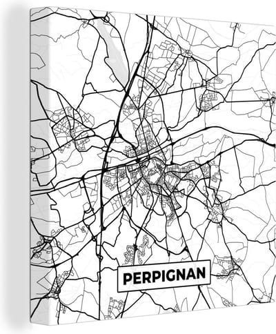 Canvas Schilderij Frankrijk - Plattegrond - Perpignan - Stadskaart - Kaart - Zwart wit - 20x20 cm - Wanddecoratie