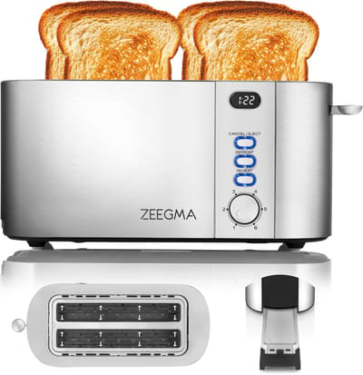 Zeegma Tostee Chef - Broodrooster - 4 Sleuven - LED-display - 1500W - 6 Rooststanden - Ontdooien & Opwarmen - Kruimellade - Automatische Uitschakeling - Hoog Liftmechanisme - Modern Design