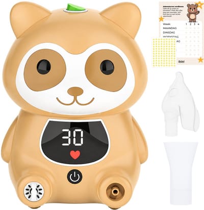 ADEL Aerosoltoestel met Digitaal Display – Veilige & Stille Nebulizer / Vernevelaar – Inhalator in Vrolijk Beer Design voor Gezonde Ademhaling bij Kinderen