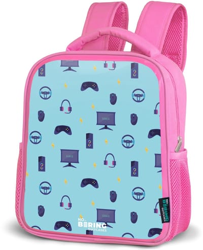 NoBoringSuitcases.com® - Rugzak roze - Schooltas meisjes - Gamer patroon met spelaccessoires op blauw - Kinder rugtas meisje - Boekentas kind - Kinderrugzak voor school - Schoolrugzak