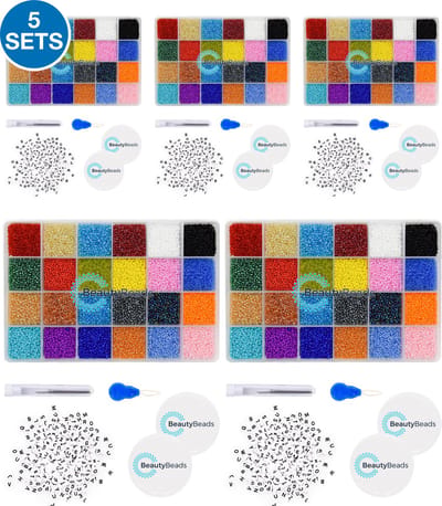 BeautyBeads 5 Knutsel Sieradenpakketten met +19000 Glaskralen en Letterkralen – 5 Kralensets voor Verjaardagfeestjes & Crea-Namiddagen – 2mm Kralen - BB105-5