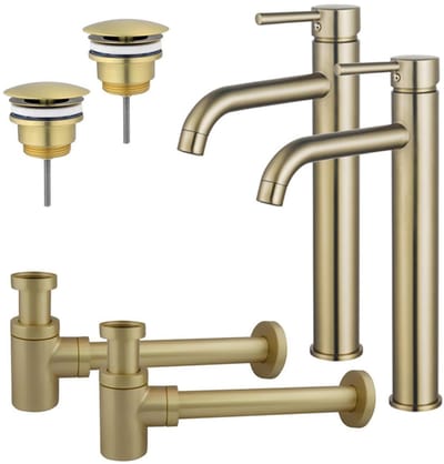 FugaFlow Eccelente Sobrado Badkamer Wastafelkraanset - voor dubbele wastafel - verhoogde wastafelkraan - always open plug - verlaagde design sifon - PVD Geborsteld Messing