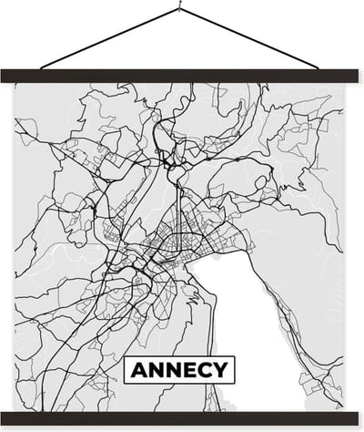 Posterhanger incl. Poster 60x60 cm - Schoolplaat - Frankrijk - Annecy - Stadskaart - Plattegrond - Kaart - Textielposter - Zwarte latten - Stadskaart