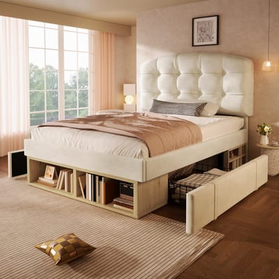 Eenpersoonsbed - 90x200 - Polsterbed met gebogen hoofdeinde, lades en opbergruimte - fluweel - beige - zonder matras