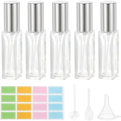 Dailygoods- Reisparfumfles 5 Stuks 10 ml - Navulbare Parfumdispenser - Fijne Nevel Sproeier - Met Labels - Inclusief Trechter/Pipet - Geschikt voor Etherische Oliën