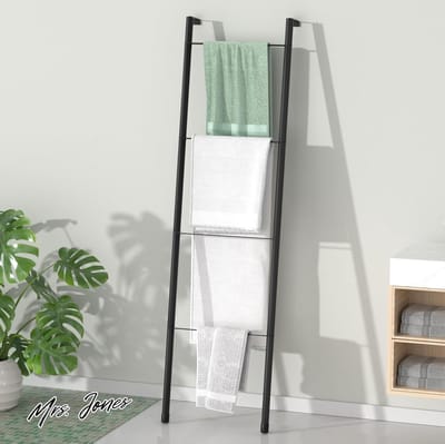 Mrs. Jones Zwart metalen dekenladder - vrijstaande muur leunende ladder handdoekenrek voor decoratieve badkamer woonkamer keuken houder voor handdoeken dekens plaid stopt - opbergrek voor thuisgebruik .