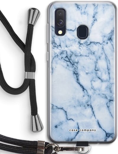 Case Company® - Hoesje met koord geschikt voor Samsung Galaxy A40 hoesje met Koord - Blauw marmer - Telefoonhoesje met Zwart Koord - Bescherming aan alle Kanten en Over de Schermrand