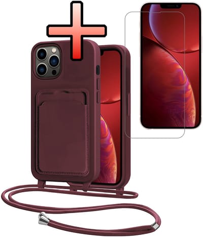 Hoes Geschikt voor iPhone 13 Pro Hoesje Pasjeshouder Cover Met Koord Case Siliconen Hoes Met Telefoonkoord en Kaarthouder Met Screenprotector - Aubergine