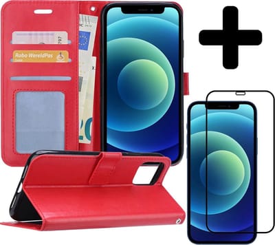 Hoesje - Met Screenprotector - Geschikt voor Apple iPhone 12 - Luxe Pasjeshouder - Flipcase - Bookcase Portemonee - Flip Case - Kunstleer Book Case - Book Cover - Walletcase - Portemonneehoes - Telefoonhoes - Rood