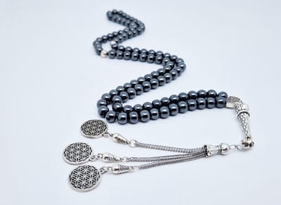 Handgemaakte tesbih natuursteen "Hematiet" - Aantal kralen 99 - Diameter kralen 8MM - met metaal tassel "Harmonie" - Een mooi cadeau-idee