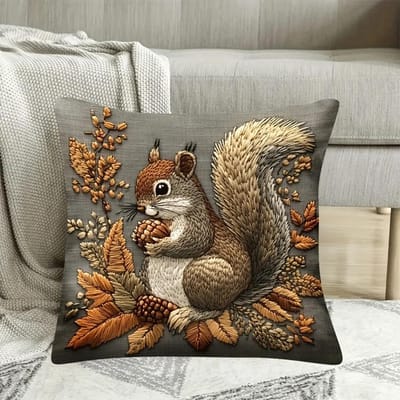 VIKAMA Eekhoornpatroon Borduurstijl Kussenhoes Vintage Landelijk Rits Kussenhoes Bank Woonkamer Huisdecoratie 40x40cm