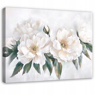 WALLARENA - Canvas schilderij - 100x70 cm - 3D bloemen in wit voor slaapkamer, woonkamer en keuken