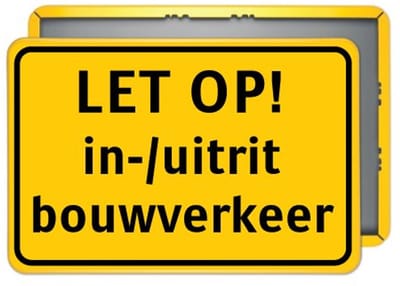 Bord in-/uitrit bouwverkeer - geel - 60x40 cm - Bevestiging: Met muur-/ wandmontage beugels