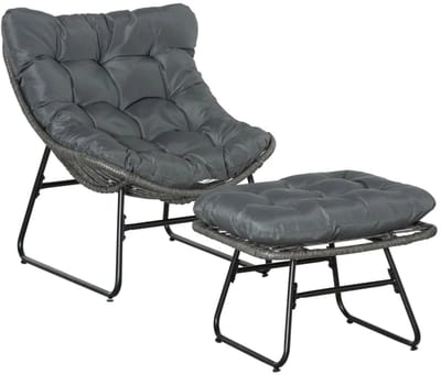 Rotan Relaxfauteuil met Voetenbank - Ligstoel met Dikke Kussens - Ligbed - Tuinstoel - Strandstoel - Campingligstoel - tot 160 kg - Zonnebed - Relaxstoel voor Tuin, Terras, Zwembad & Balkon - Grijs