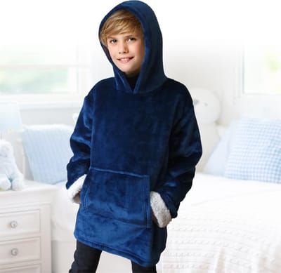 Kinder Oversized Hoodie Deken - Warme Sherpa Fleece Blanket Sweater met Capuchon - Ultra Zacht - Marineblauw - Voor Meisjes en Jongens