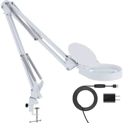 Earkings Loeplamp Vergrootglas met Verlichting - Loeplamp met LED Verlichting inclusief Tafelklem en 3 Lichtkleuren - Loep Vergroot 3x tot 10x en is 360 Graden draaibaar Wit