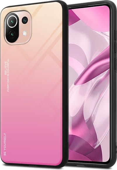 Cadorabo Hoesje geschikt voor Xiaomi Mi 11 LITE (4G / 5G) / 11 LITE NE in GEEL - ROZE - Tweekleurige beschermhoes van TPU-silicone Case Cover en achterzijde van gehard glas