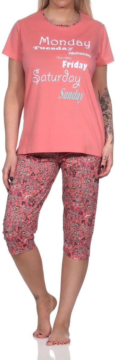 Casual damescapripyjama met all-over patroon en print op de voorkant, ¾ capribroek