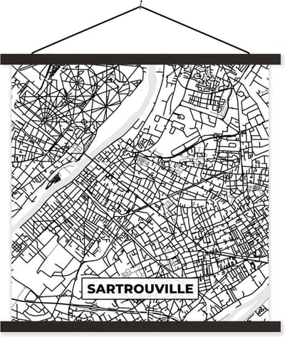 Posterhanger incl. Poster 60x60 cm - Schoolplaat - Sartrouville - Stadskaart - Frankrijk - Kaart - Plattegrond - Zwart wit - Textielposter - Zwarte latten - Stadskaart