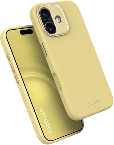 DECODED Siliconen Hoesje voor iPhone 17, Premium Soft-Touch, Antibacteriële Coating, MagSafe Compatibel, Valbescherming, Krasbestendig, Metalen Knoppen, Stevige Grip, Geel