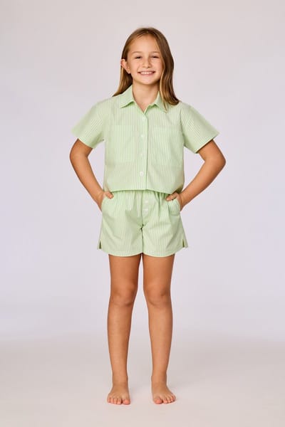 Woody pyjama meisjes/dames doorknoop - groen/wit gestreept - 261-10-WPM-W/928 - maat 152