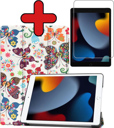 Hoesje - Geschikt voor Apple iPad 9 (2021) - 10.2 inch - 9e Generatie - Met Screenprotector - Hardcover Book Case - Trifold Bookcase Hoes - Hard Cover - Tablethoes - Vlinders