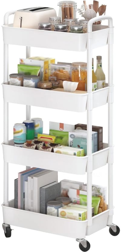 Opbergwagen met wielen - Rolcontainer mobiel - Ruimte organiseren - Vier lagen - 29x39x104 cm - Wit