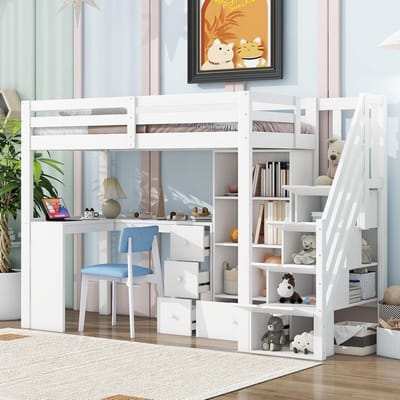 Hoogslaper met Bureau 90x200 cm - Kinderbed Mezzanine Bed met Opberglades, Open Kasten, Trap met Opbergruimte en Planken - Grenenhout MDF Wit - Laura