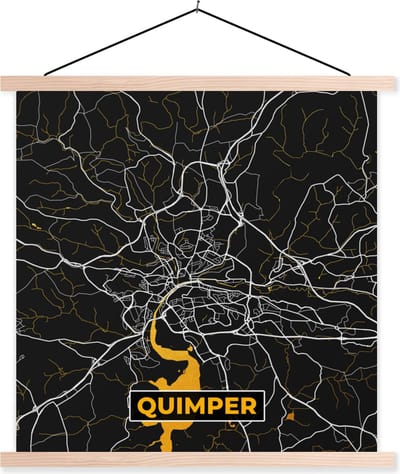 Posterhanger incl. Poster 40x40 cm - Schoolplaat - Stadskaart – Plattegrond – Kaart - Quimper – Frankrijk - Textielposter - Blanke latten - Stadskaart
