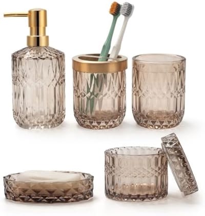 PromoHome 5-delige badkameraccessoireset in bruin glas met lotiondispenser en accessoires